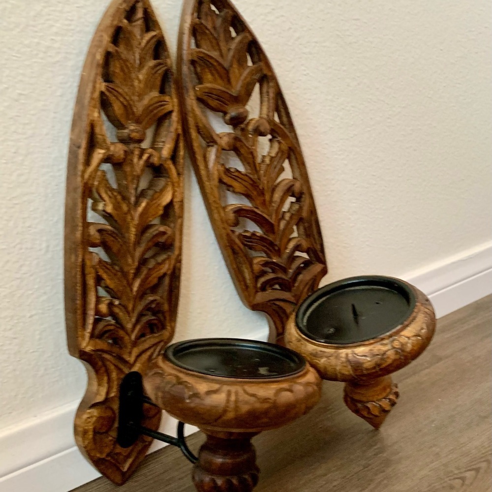 Vintage Pair Of Hand carved Wooden Ornate Wall Candle Holders